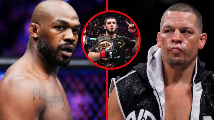 Split image of Jon Jones after winning at UFC 285 and Nate Diaz before his boxing bout with Jorge Masvidal with an inset of Islam Makhachev
