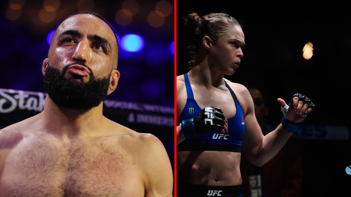 Split image of Belal Muhammad at UFC 315 and Ronda Rousey at UFC 207