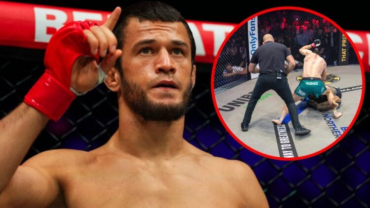 Image of Usman Nurmagomedov holding up his finger before a fight with an inset of Paul Hughes knocking out Bruno Miranda at PFL Belfast