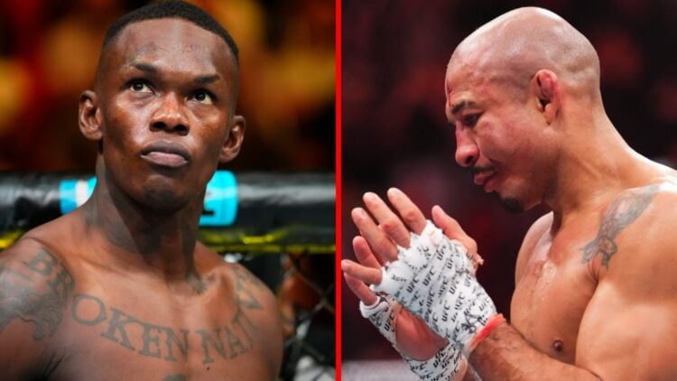 Split image of Israel Adesanya preparing to fight at UFC 287 and Jose Aldo reacting to losing at UFC 315