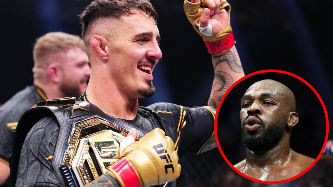Tom Aspinall reacts to his win over Curtis Blaydes at UFC 304 with an inset of Jon Jones in his UFC 247 fight with Dominick Reyes