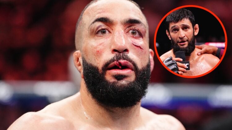 Belal Muhammad moments after his UFC 315 title loss with an inset of Khamzat Chimaev on the mic after his UFC 308 win
