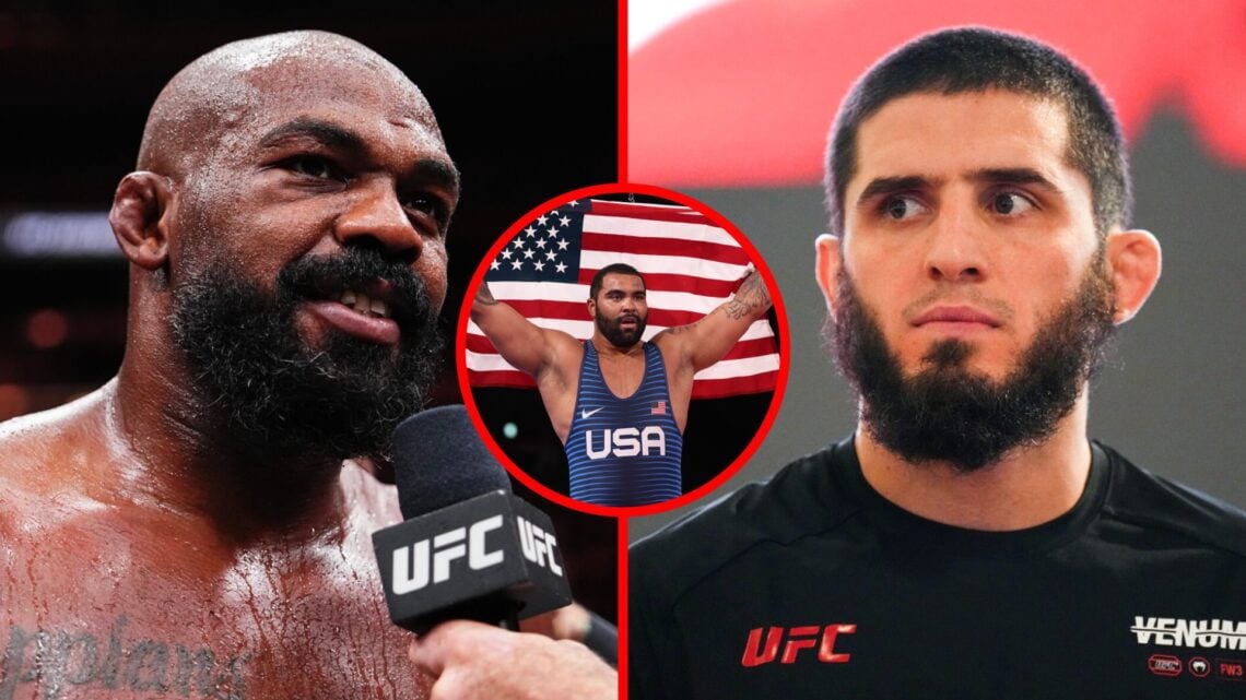 Jon Jones speaks after beating Stipe Miocic at UFC 309 with Islam Makhachev at the UFC 294 open workouts with an inset of Gable Steveson at the Tok...