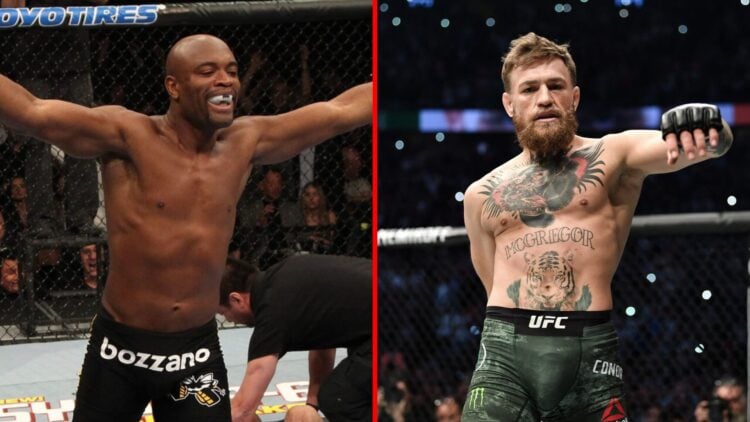 Main: Anderson Silva celebrates his win over Vitor Belfort at UFC 126. Inset: Conor McGregor celebrates after knocking out Jose Aldo at UFC 194.