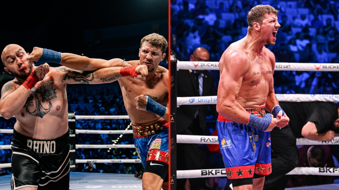 Split image of Kenzie Morrison punching Alex Davis and Kenzie Morrison at BKFC Texas