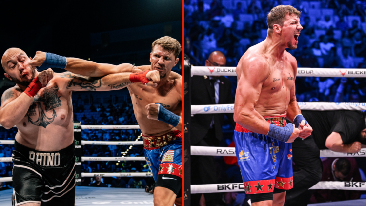Split image of Kenzie Morrison punching Alex Davis and Kenzie Morrison at BKFC Texas