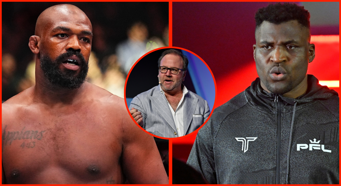 Jon Jones stares down Stipe Miocic at UFC 309, Francis Ngannou walks to the cage at PFL: Battle of the Giants, inset Donn Davis at a panel