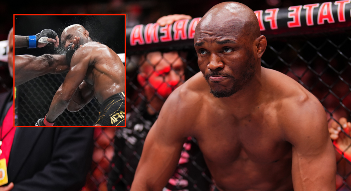 Kamaru Usman stares down his opponent at UFC Atlanta, inset Leon Edwards head kicking Usman at UFC 278