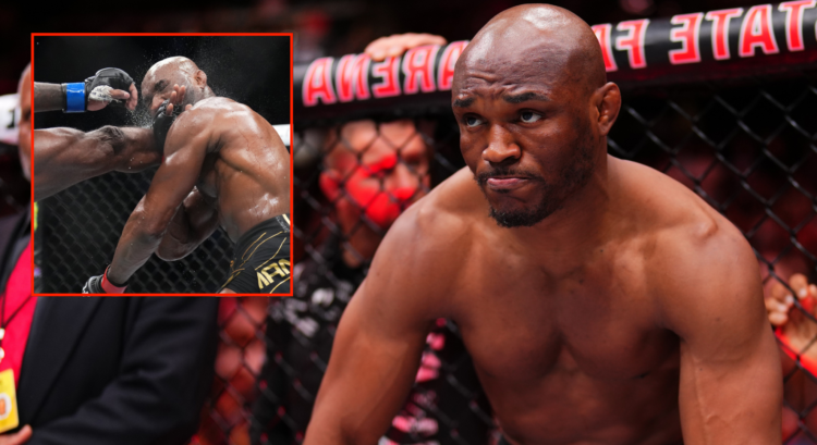 Kamaru Usman stares down his opponent at UFC Atlanta, inset Leon Edwards head kicking Usman at UFC 278