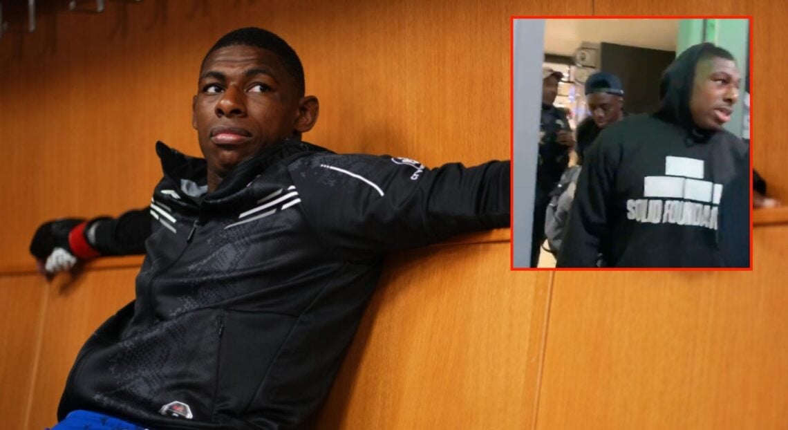 Joaquin Buckley waits to fight backstage, inset screenshot of him being turned away by security at UFC Atlanta