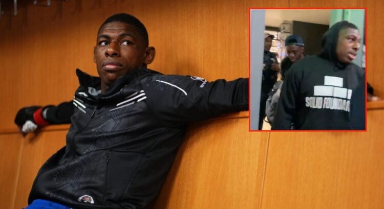 Joaquin Buckley waits to fight backstage, inset screenshot of him being turned away by security at UFC Atlanta