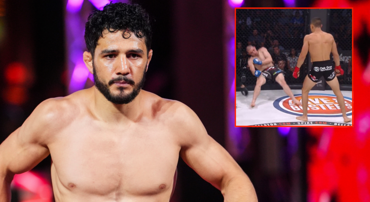 Aaron Pico walks to the cage for his fight at PFL vs. Bellator, inset Pico knocking out Justin Linn at Bellator 183