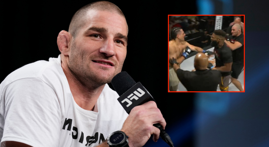 Sean Strickland speaks at the UFC 302 pre-fight press conference, inset Strickland and Chris Curtis charging a fighter at Tuff-N-Uff 145