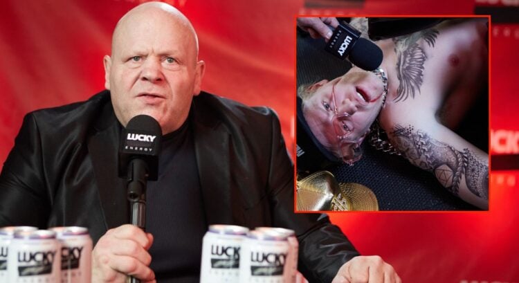 Butterbean speaks into a microphone, inset shows a Jake Paul lookalike knocked out.