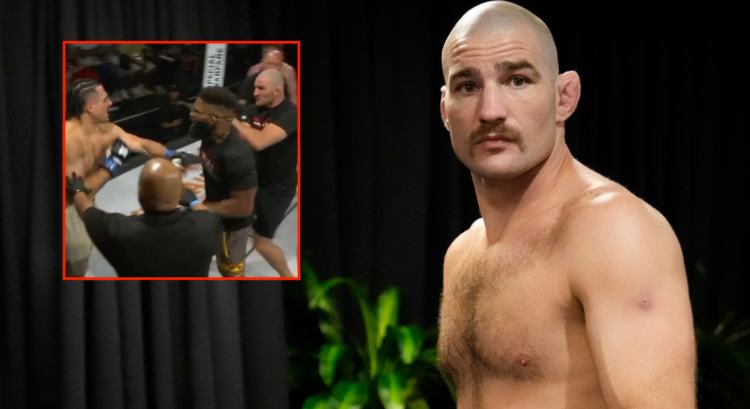 Sean Strickland warms up before his fight at UFC 312, inset Strickland confronting a Tuff-N-Uff 145 fighter