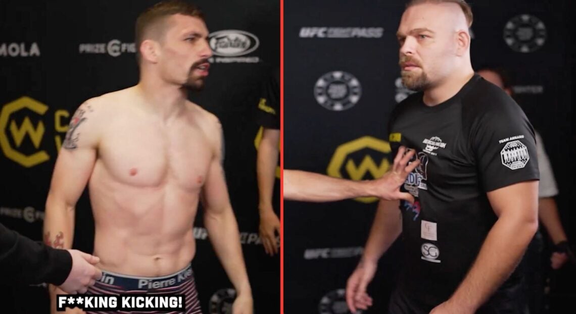 Split image of Liam Gittins reacting to being kicked and the man who kicked him.