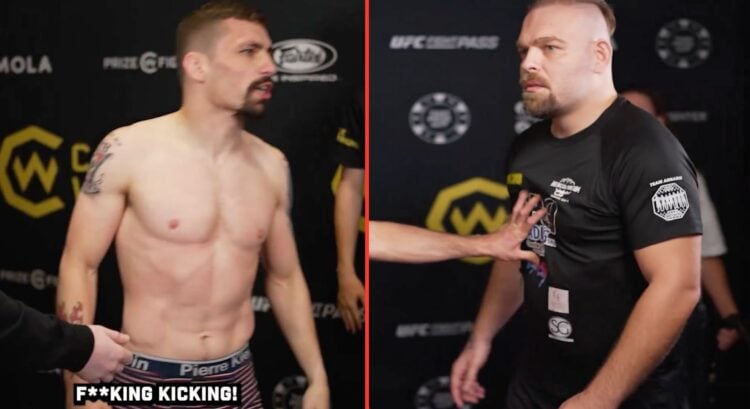 Split image of Liam Gittins reacting to being kicked and the man who kicked him.