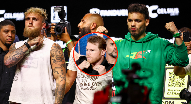 Jake Paul makes a throat slit gesture next to Julio Cesar Chavez Jr (main). Canelo Alvarez shadow boxes (bubble)