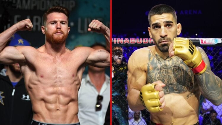 Split image of Canelo Alvarez weigh-in and Ilia Topuria inside the octagon