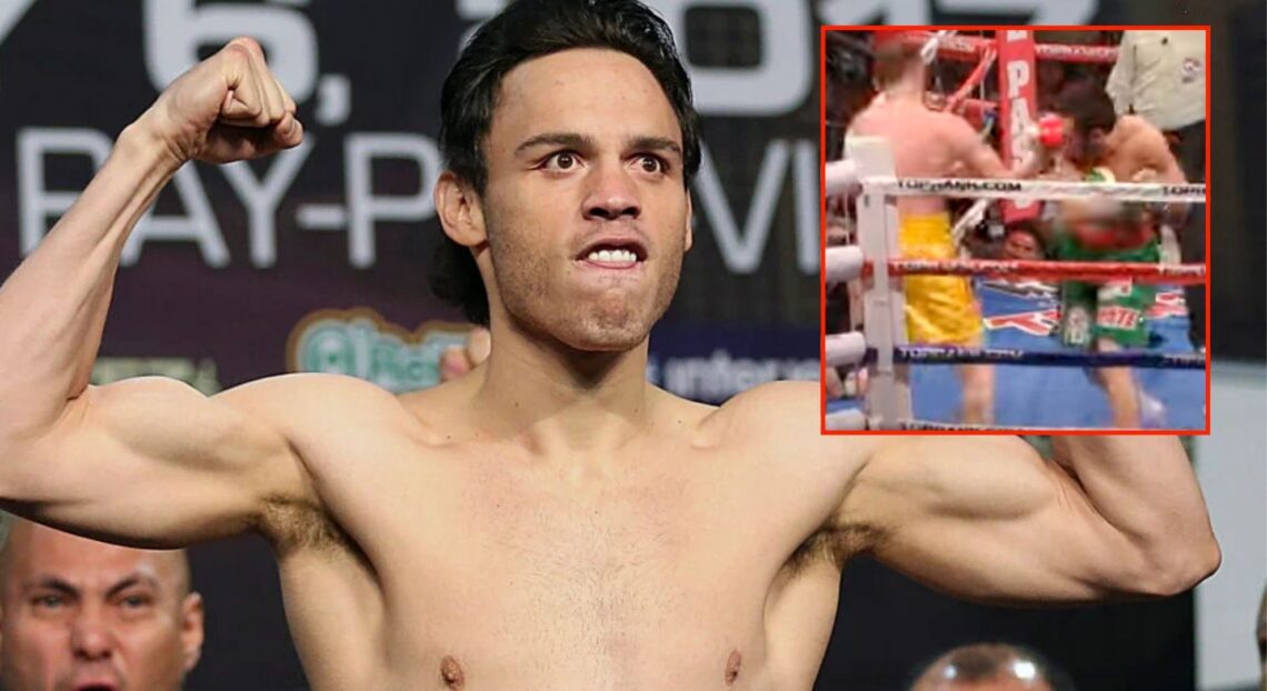 Julio Cesar Chavez Jr weights in for his fight with Canelo Alvarez, inset of him knocking out Andy Lee