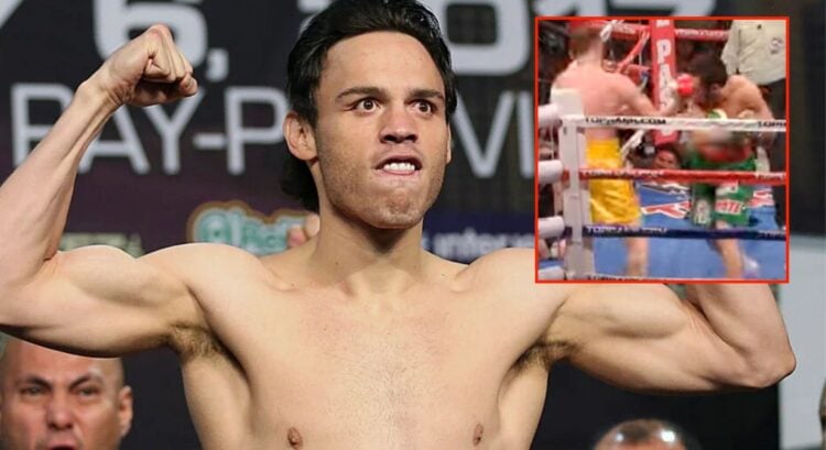 Julio Cesar Chavez Jr weights in for his fight with Canelo Alvarez, inset of him knocking out Andy Lee