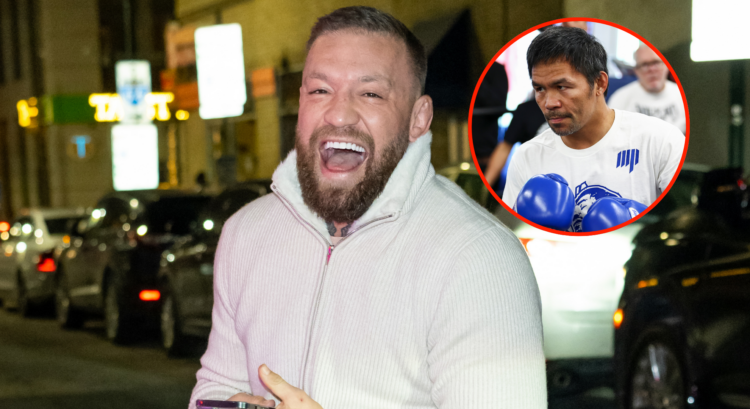 Main photo shows Conor McGregor laughing in a white coat. Bubble shows Manny Pacquiao during a boxing workout