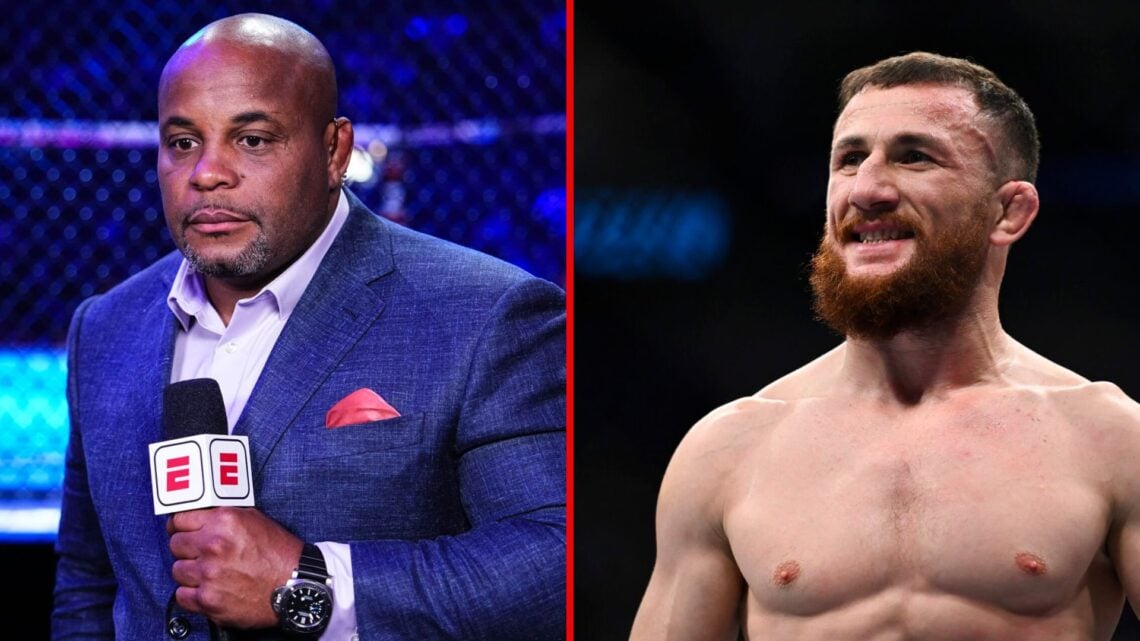 Split image of Daniel Cormier during UFC broadcast and Merab Dvalishvili inside the octagon