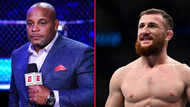 Split image of Daniel Cormier during UFC broadcast and Merab Dvalishvili inside the octagon