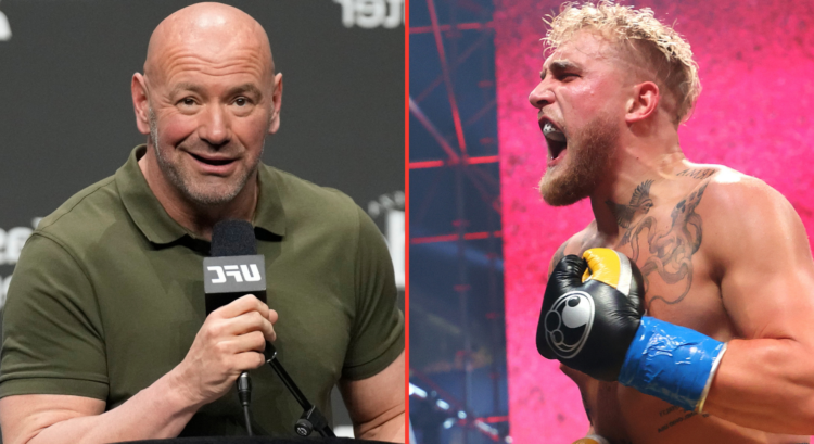Dana White answers a question at a UFC 287 press conference, opposite Jake Paul after knocking out Ben Askren