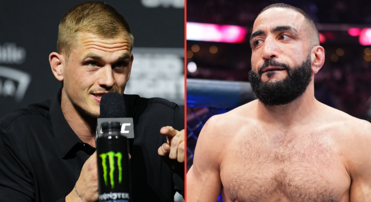 Ian Machado Garry answers a question at the UFC 310 press conference, opposite Belal Muhammad entering the cage at UFC 315