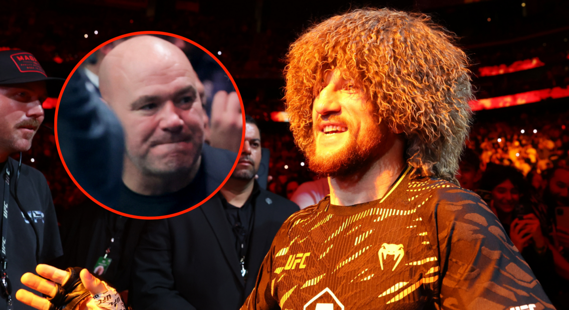 Merab Dvalishvili during his walk to the octagon. Bubble shows Dana White looking unhappy