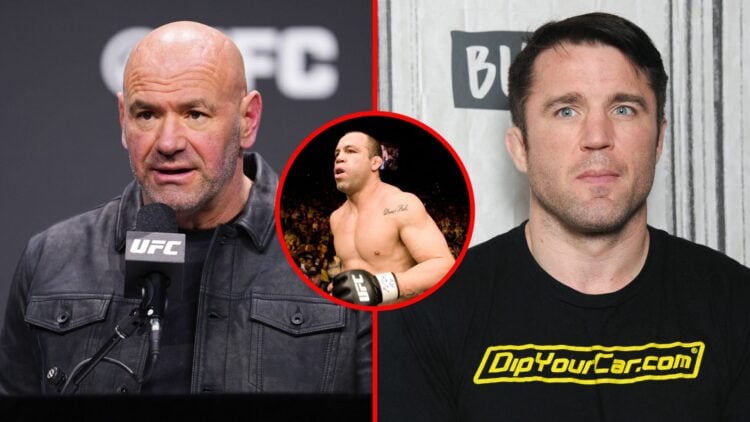 Split image of Dana White at a press conference and Chael Sonnen at a media event, with an inset of Wanderlei Silva walking to the cage