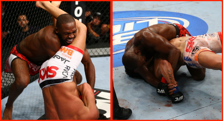 Jon Jones attempting to escape an armbar submission from Vitor Belfort, opposite Jones submitting Belfort with an Americana