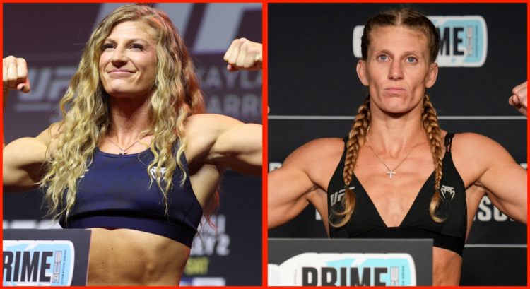 Kayla Harrison poses on the scale during the UFC 316 ceremonial weigh-in, opposite Harrison at the UFC 316 official weigh-in