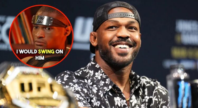 Jon Jones smiles at the UFC 285 press conference, inset screenshot of Death Sentence calling him out