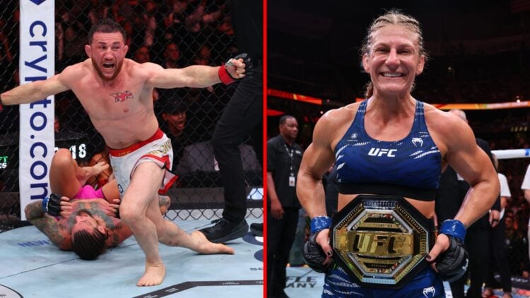 Split image of Merab Dvalishvili and Kayla Harrison celebrating at UFC 316