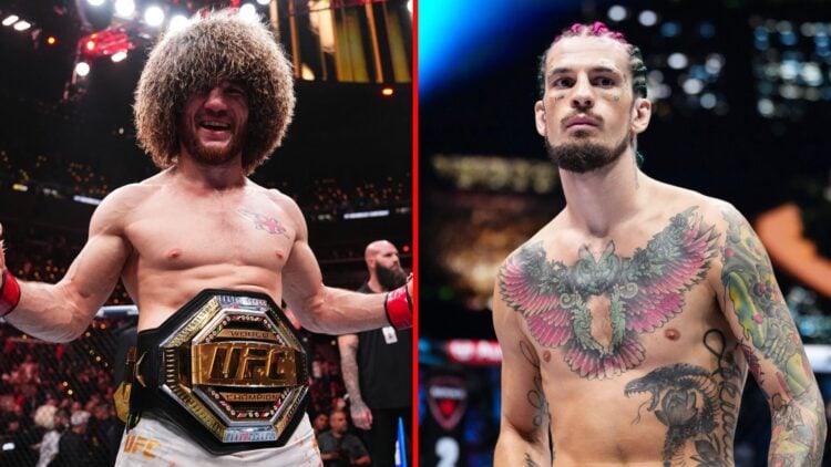 Split image of Merab Dvalishvili celebrating beating Umar Nurmagomedov and Sean O'Maley inside the octagon
