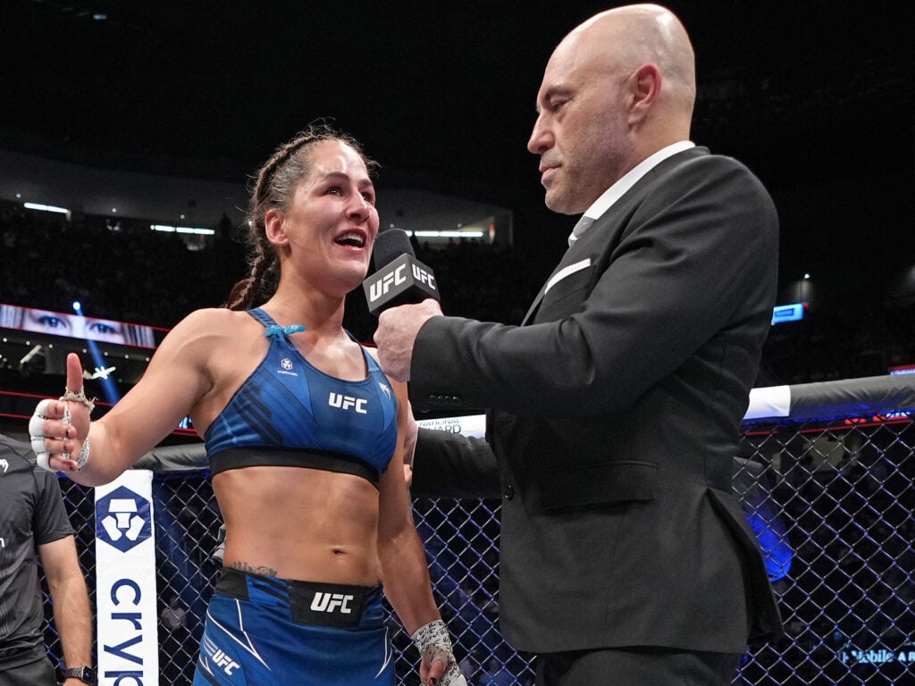 Jessica Eye speaking to Joe Rogan at UFC 276