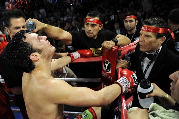 Julio Cesar Chavez Jr in his corner immediately after his title fight against Sergio Martinez