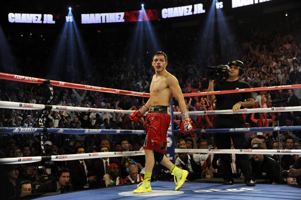 Julio Cesar Chavez Jr walks away after knocking down Sergio Martinez in the 12th round of their 2012 fight