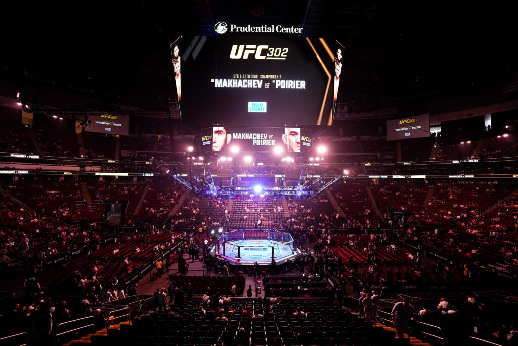 View of an empty UFC Octagon at UFC 302 in Newark, New Jersey