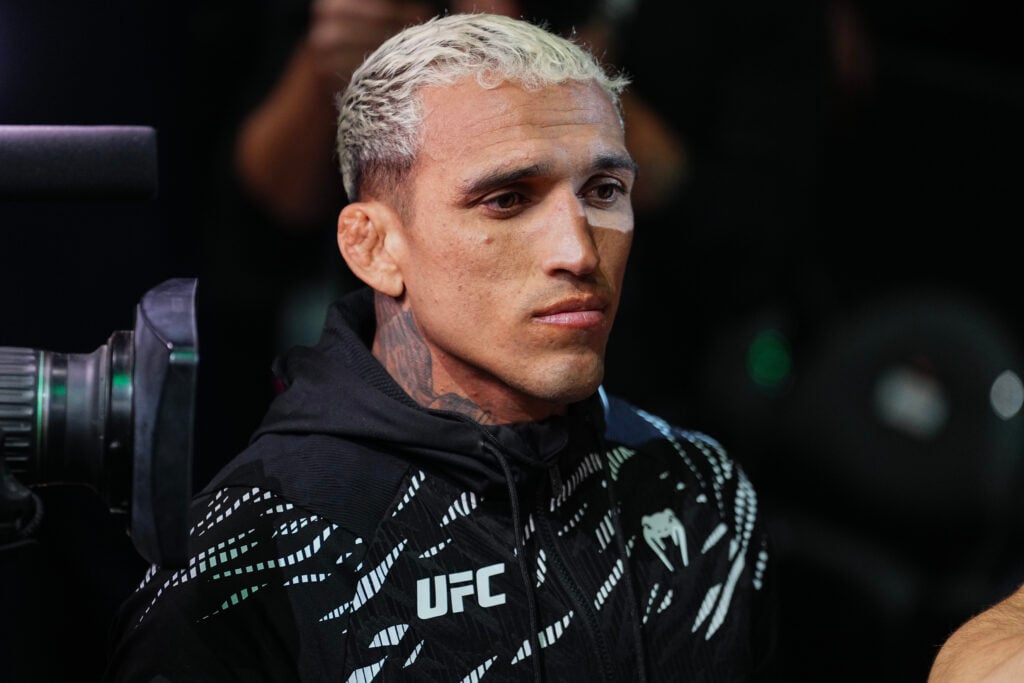 Charles Oliveira is seen in the corner for Ian Machado Garry of Ireland during the UFC 310 event at T-Mobile Arena on December 07, 2024