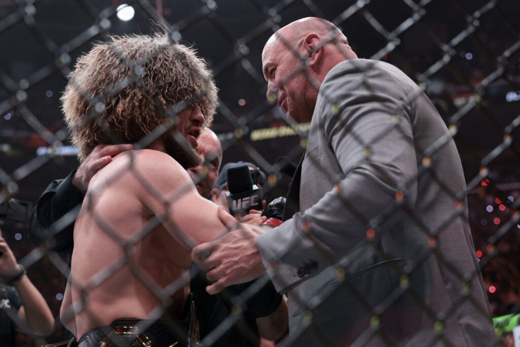 Dana White and Merab Dvalishvili chat after Dvalishvili's win at UFC 311