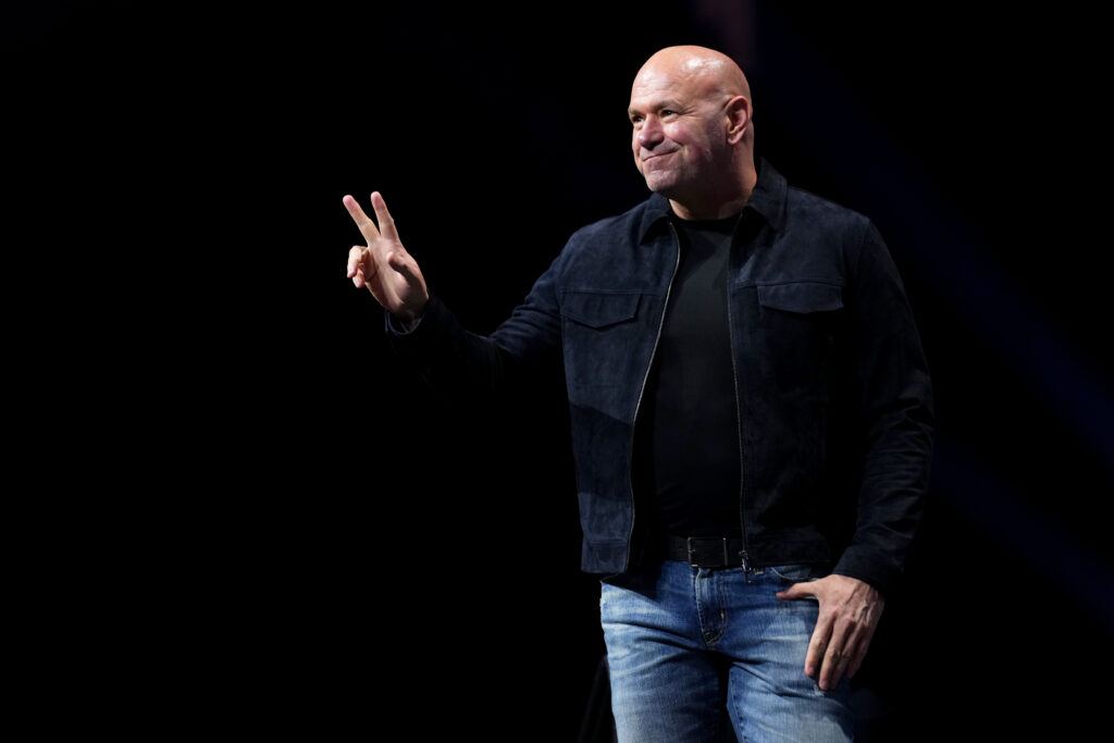 Dana White on stage at the UFC 315 weigh-ins