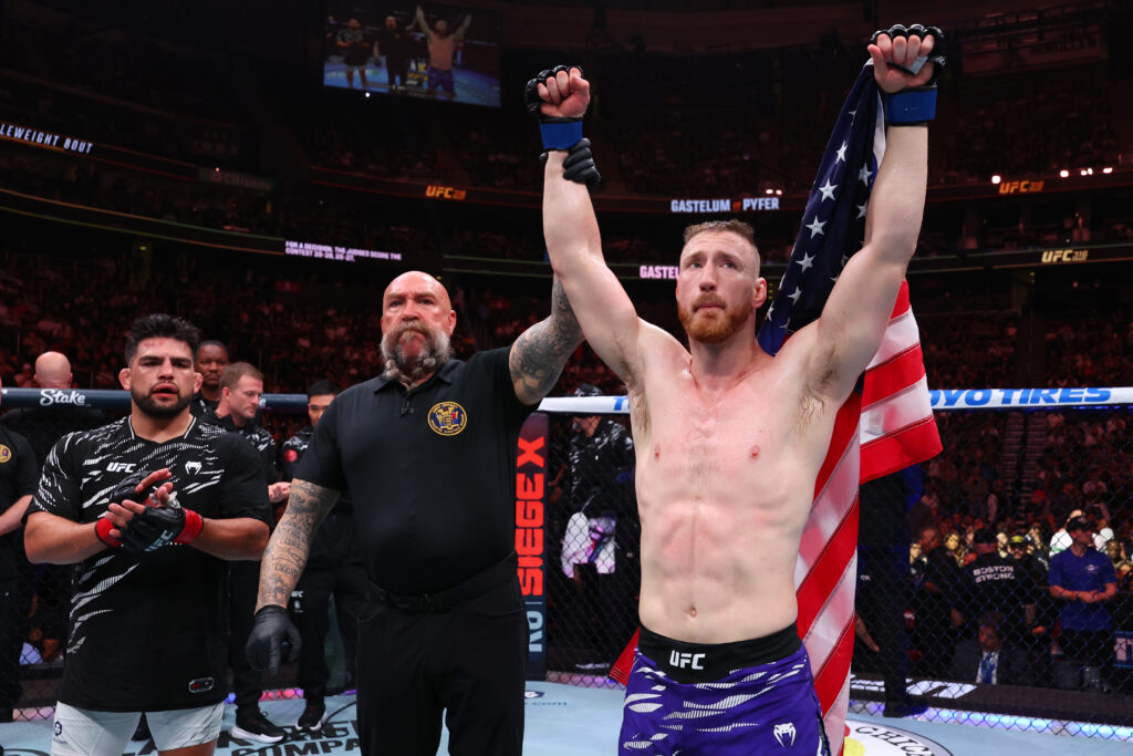 Joe Pyfer celebrates after defeating Kelvin Gastelum at UFC 316