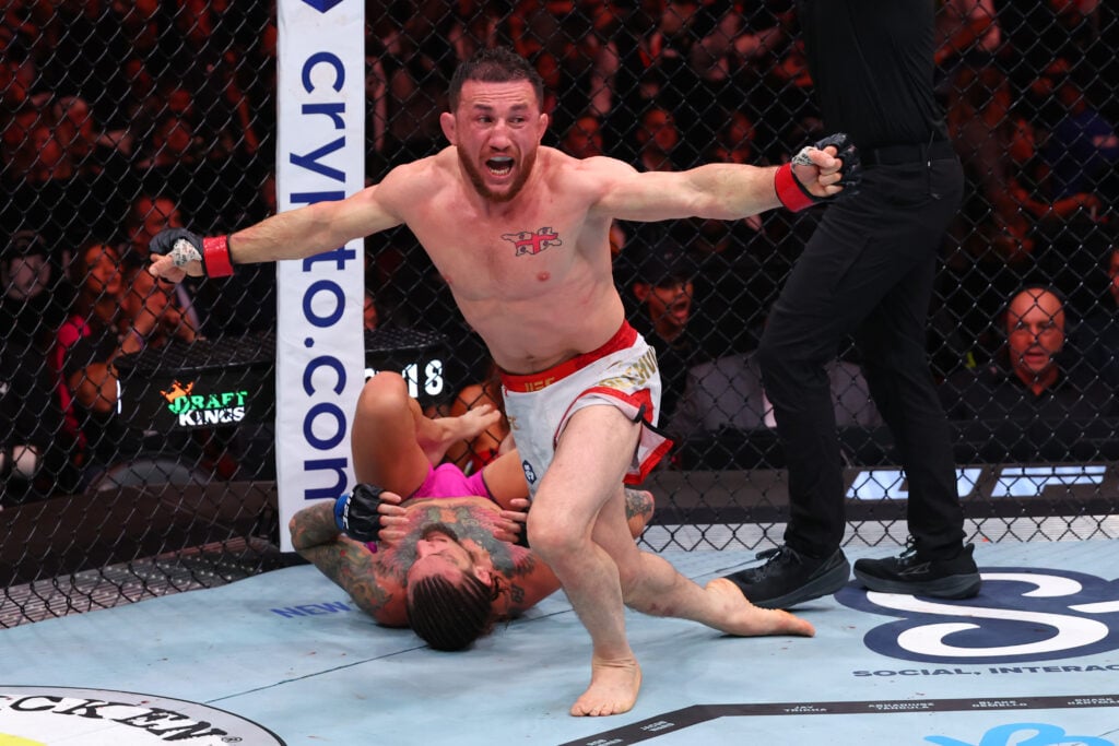 Merab Dvalishvili celebrates after defeating Sean O'Malley at UFC 316