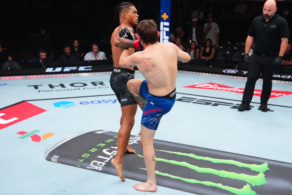Malcolm Wellmaker lands right hook on Kris Moutinho during UFC Atlanta fight