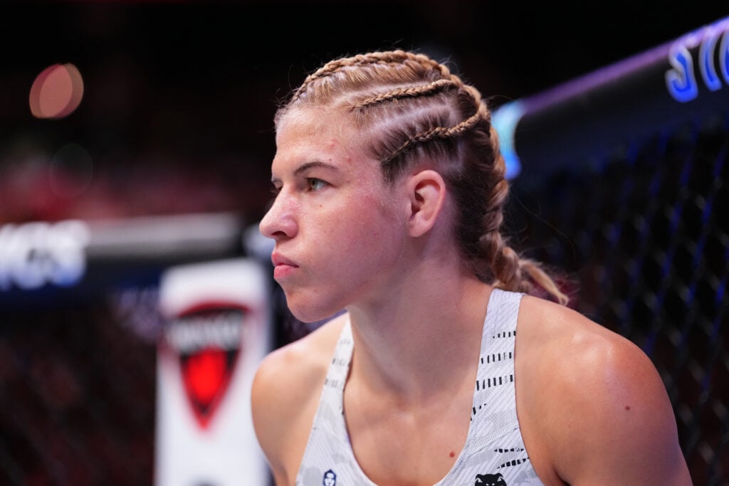 Miranda Maverick stares down opponent Rose Namajunas before their UFC Atlanta co-main event