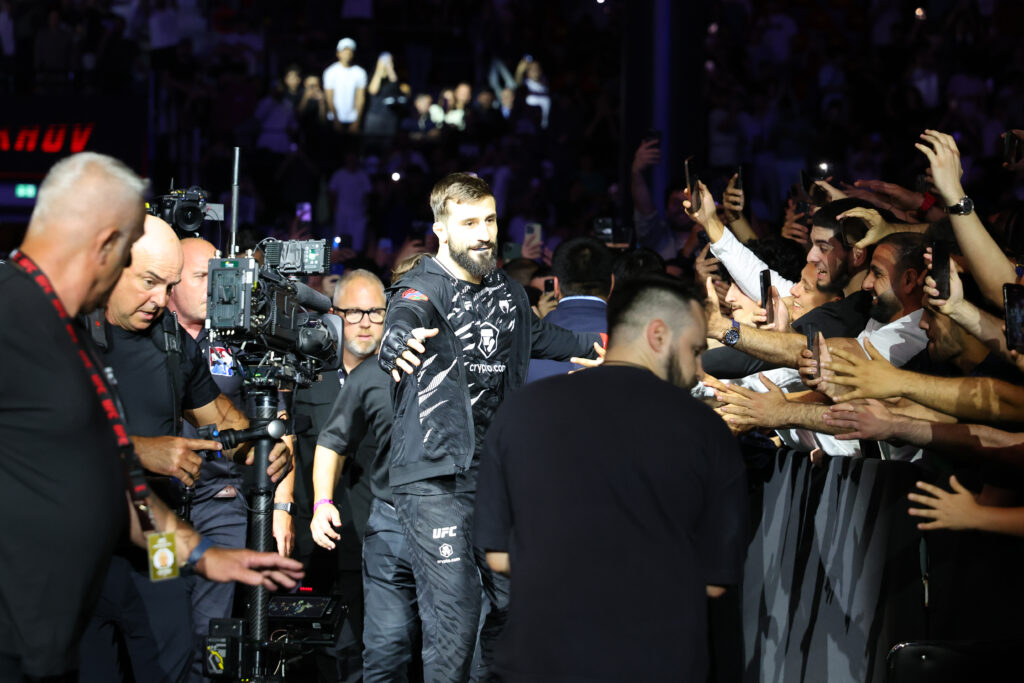 Nazim Sadykhov walks to the Octagon for his fight against Nikolas Motta at UFC Baku.