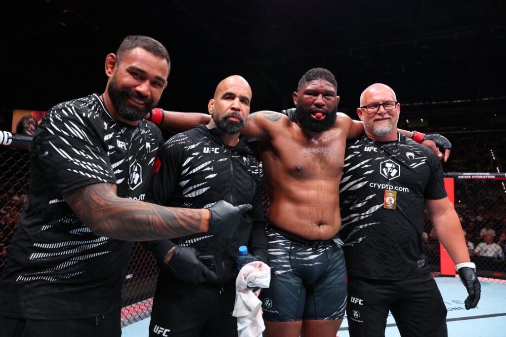 Curtis Blaydes poses with his team after defeating Rizvan Kuniev at UFC Baku.